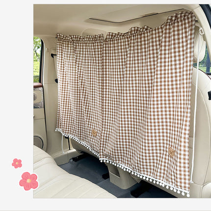 Gingham Car Privacy Curtain – Rear-Seat Partition with Pom-Pom Trim & Bear Tie-Backs