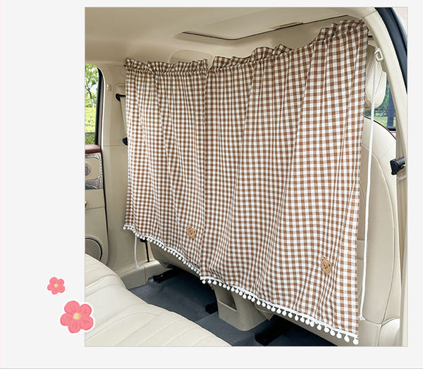 Gingham Car Privacy Curtain – Rear-Seat Partition with Pom-Pom Trim & Bear Tie-Backs