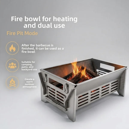 360° Flip-Over Portable BBQ Grill & Fire Pit – Stainless Steel Charcoal Grill with Carry Bag
