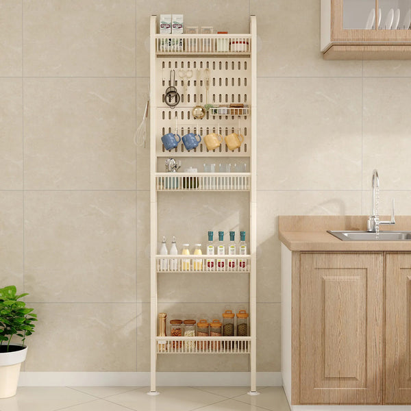 Slim Wall-Side Storage Rack 159.5 cm – Multi-Layer Kitchen & Bathroom Shelf with Hooks