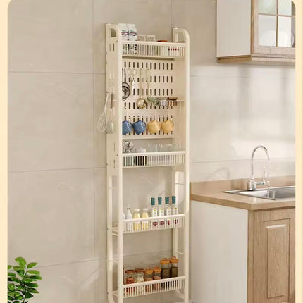 Slim Wall-Side Storage Rack 159.5 cm – Multi-Layer Kitchen & Bathroom Shelf with Hooks