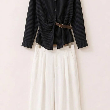 Elegant Black Stripe Shirt & White Wide-Leg Pants Co-Ord Set
