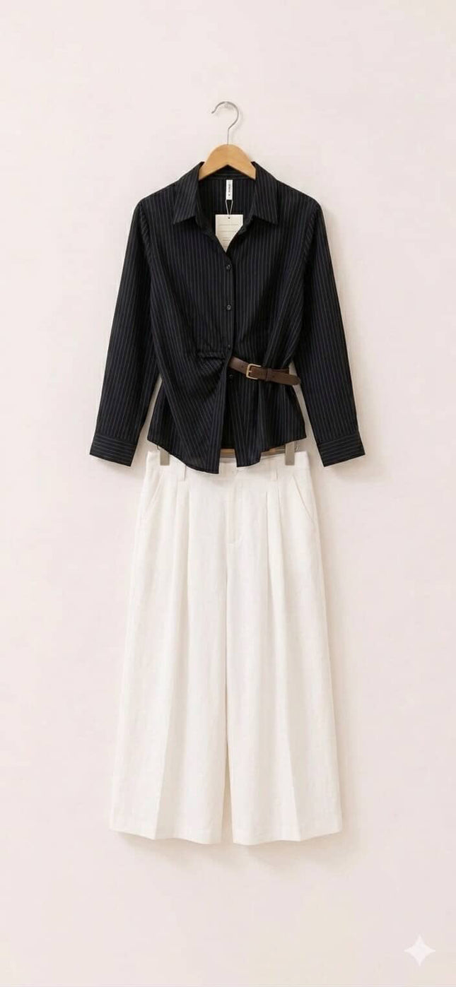 Elegant Black Stripe Shirt & White Wide-Leg Pants Co-Ord Set