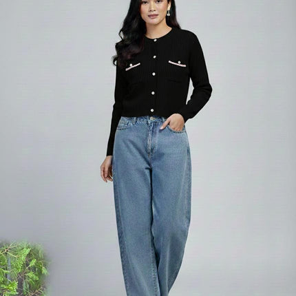 Chic Knitted Cardigan with Faux Pocket Trim and Pearl Buttons