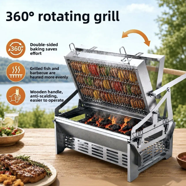 360° Flip-Over Portable BBQ Grill & Fire Pit – Stainless Steel Charcoal Grill with Carry Bag