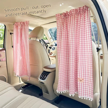 Gingham Car Privacy Curtain – Rear-Seat Partition with Pom-Pom Trim & Bear Tie-Backs