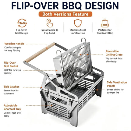 360° Flip-Over Portable BBQ Grill & Fire Pit – Stainless Steel Charcoal Grill with Carry Bag