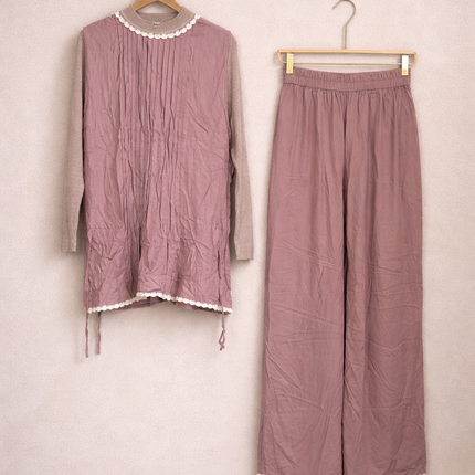 Women’s Modest Pleated Top & Palazzo Pants Set – Lace Detail Co-ord