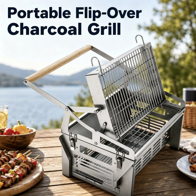 360° Flip-Over Portable BBQ Grill & Fire Pit – Stainless Steel Charcoal Grill with Carry Bag