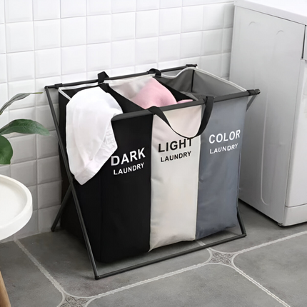 Three Compartments Clothes Sorting Collapsible Laundry Basket with Carry Handle
