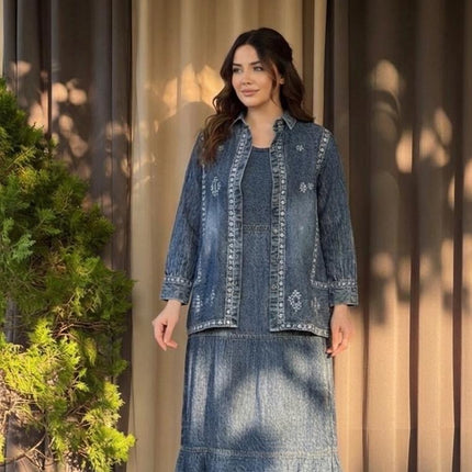 Embroidered Denim Skirt and Shirt Co-ord Set