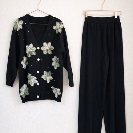 Floral Embellished Knit Co-Ord Set – Cardigan & Wide-Leg Pants