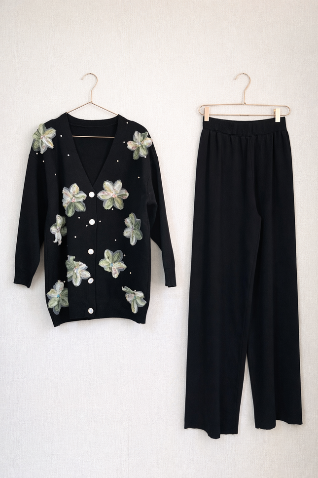 Floral Embellished Knit Co-Ord Set – Cardigan & Wide-Leg Pants