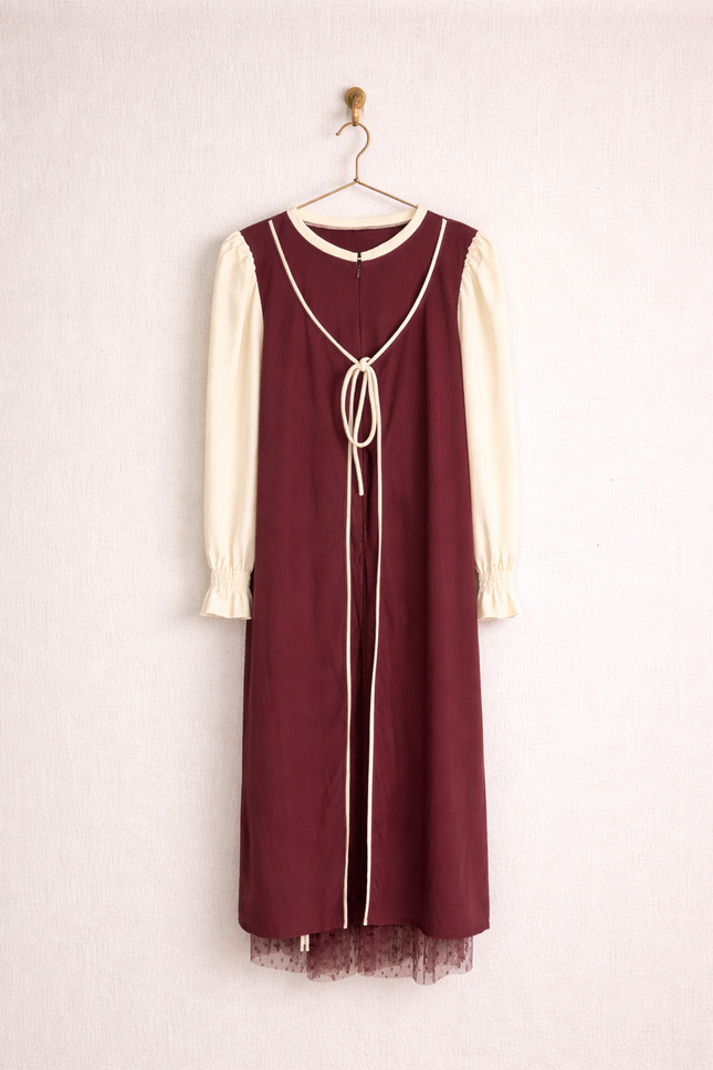 Layered Tie-Front Midi Dress for Women | Modest Contrast Sleeve Dress