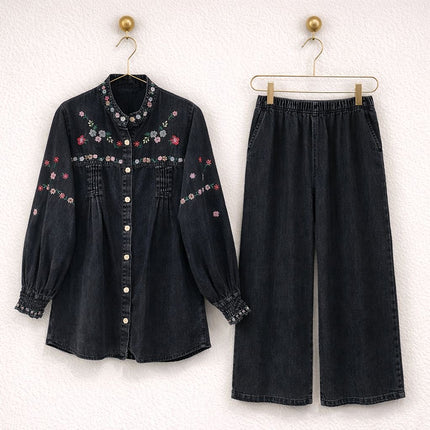 Embroidered Denim Co-Ord Set | Shirt & Wide-Leg Pants