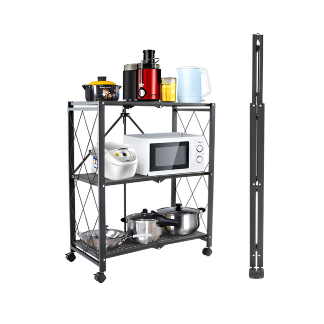 Heavy Duty Folding Storage Rack with Wooden Shelf for Kitchen and Home