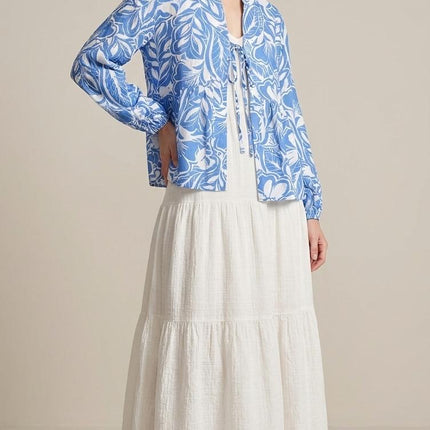 Two-Piece Tropical Print Blouse and Tiered Maxi Skirt Set