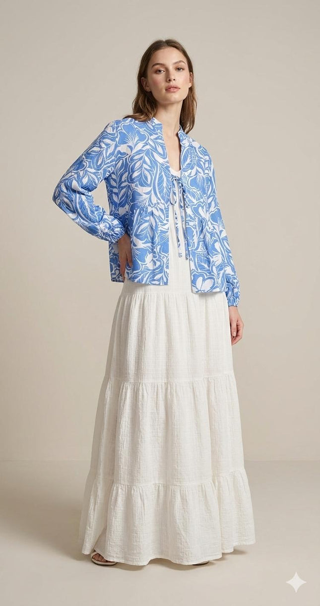 Two-Piece Tropical Print Blouse and Tiered Maxi Skirt Set