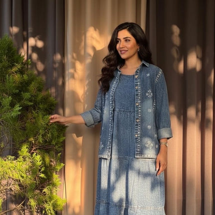 Embroidered Denim Skirt and Shirt Co-ord Set