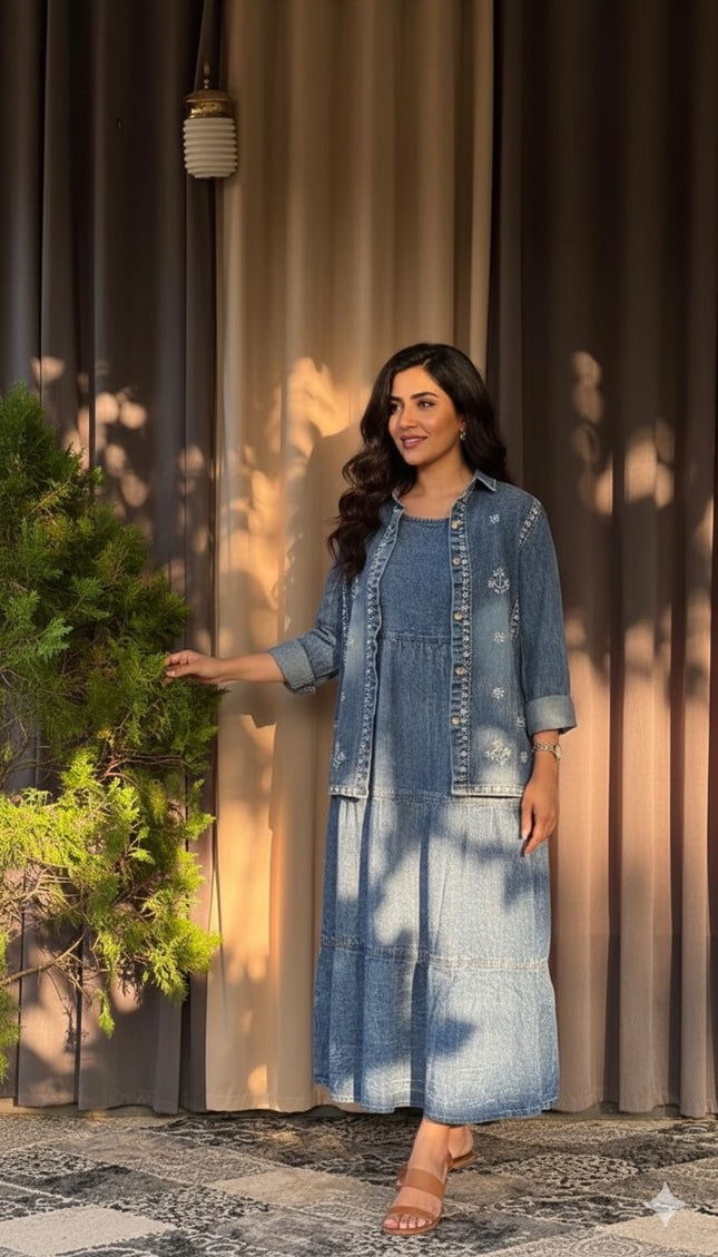 Embroidered Denim Skirt and Shirt Co-ord Set
