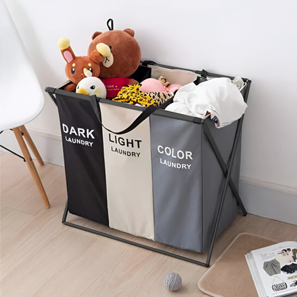 Three Compartments Clothes Sorting Collapsible Laundry Basket with Carry Handle