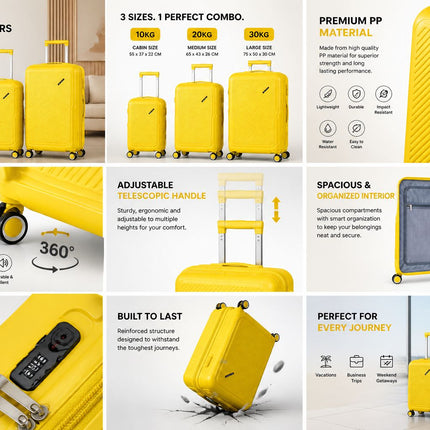 PP Hard Trolley Luggage Set – 3 Sizes (10kg / 20kg / 30kg) – 4 Wheel Spinner