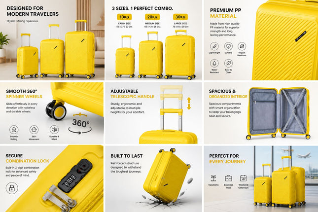 PP Hard Trolley Luggage Set – 3 Sizes (10kg / 20kg / 30kg) – 4 Wheel Spinner