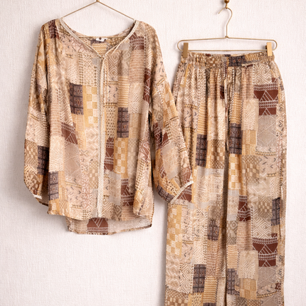 Patchwork Print Sleeveless Maxi Dress – Earthy Tones