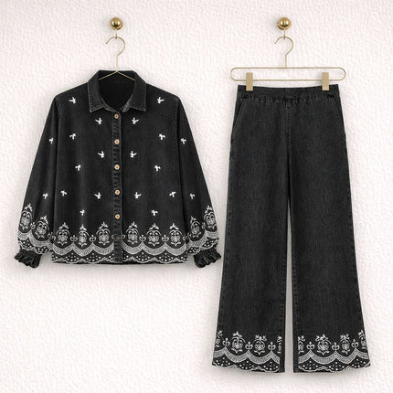 Embroidered Denim Co-Ord Set | Shirt & Wide-Leg Pants
