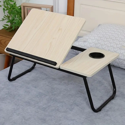Adjustable Folding Laptop Table for Bed & Sofa – Wooden Laptop Desk with 5 Angle Settings & Cup Holder