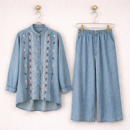 Embroidered Denim Co-Ord Set | Shirt & Wide-Leg Pants