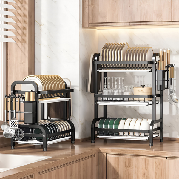 3-Tier Stainless Steel Dish Drying Rack with Drainboard, Utensil Holder & Cup Organizer – Black Heavy-Duty Countertop Rackr