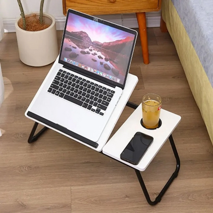 Adjustable Folding Laptop Table for Bed & Sofa – Wooden Laptop Desk with 5 Angle Settings & Cup Holder