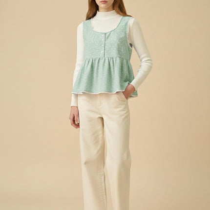 Lace-Trim Peplum Vest & Ribbed Mock-Neck Layering Set