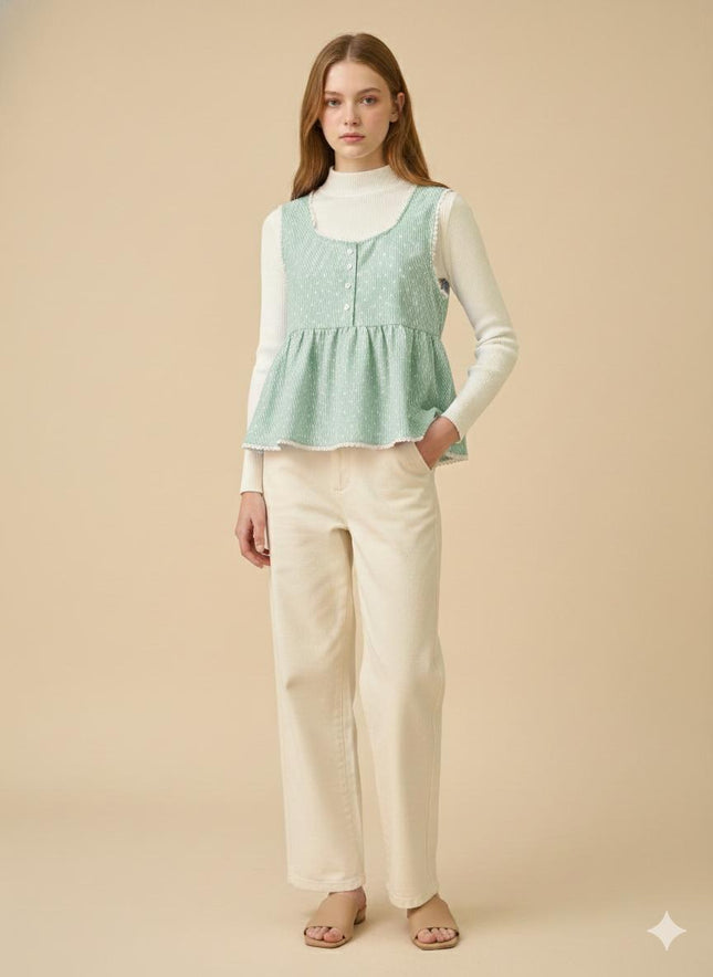 Lace-Trim Peplum Vest & Ribbed Mock-Neck Layering Set