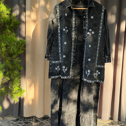 Embroidered Denim Skirt and Shirt Co-ord Set