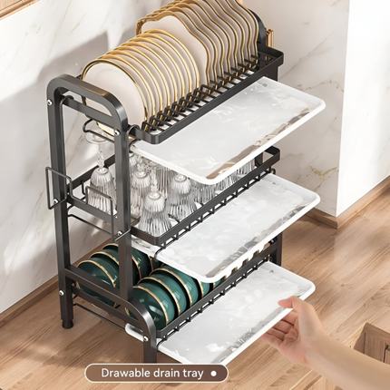 3-Tier Stainless Steel Dish Drying Rack with Drainboard, Utensil Holder & Cup Organizer – Black Heavy-Duty Countertop Rackr