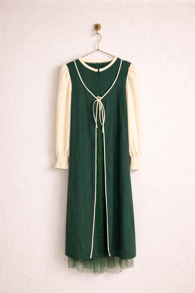 Layered Tie-Front Midi Dress for Women | Modest Contrast Sleeve Dress