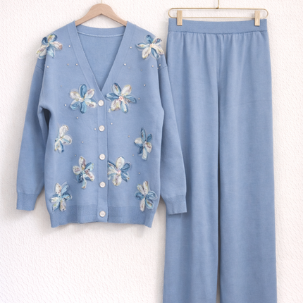 Floral Embellished Knit Co-Ord Set – Cardigan & Wide-Leg Pants