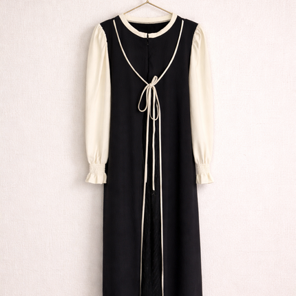 Layered Tie-Front Midi Dress for Women | Modest Contrast Sleeve Dress