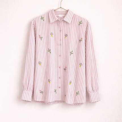 Embroidered Striped Shirt for Women | Floral Cotton Button-Down Top