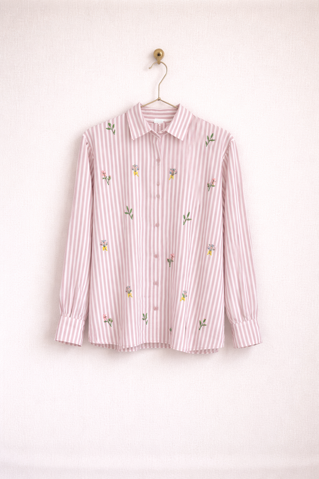 Embroidered Striped Shirt for Women | Floral Cotton Button-Down Top