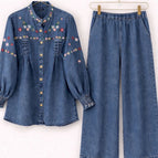 Medium Blue Denim with Floral Embroidery