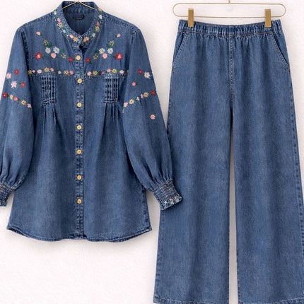 Embroidered Denim Co-Ord Set | Shirt & Wide-Leg Pants
