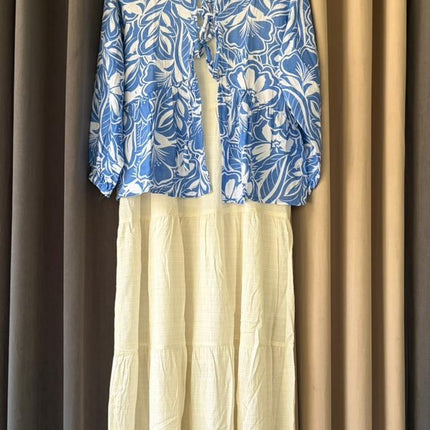 Two-Piece Tropical Print Blouse and Tiered Maxi Skirt Set