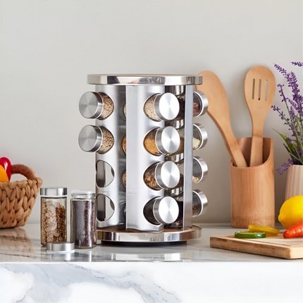 🌿 Premium 16 Jars Stainless Steel Rotating Spice Jar Set