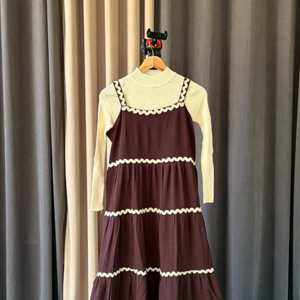 Tiered Maxi Pinafore Dress with Scalloped Trim and Layering Top Set