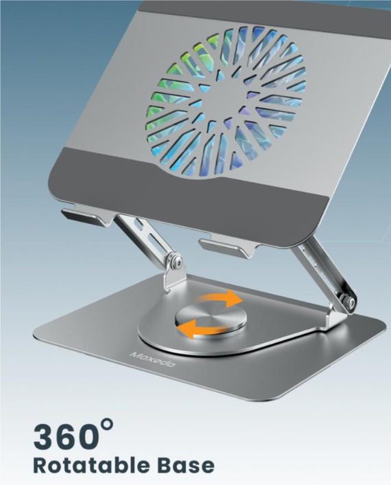 Moxedo Ergonomic Foldable Laptop & Tablet Stand With RGB Led Light Cooling Fan | 360° Rotation | Compatible With Up To 17.2 Inch Devices | Non-slip Rubber Pads for Secure Grip - Silver