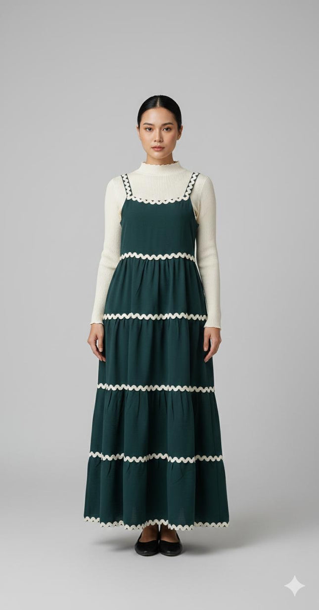 Tiered Maxi Pinafore Dress with Scalloped Trim and Layering Top Set
