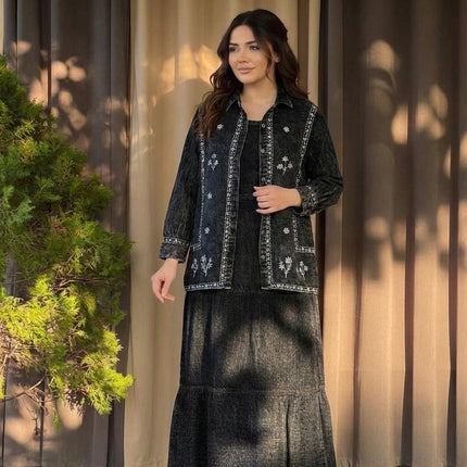 Embroidered Denim Skirt and Shirt Co-ord Set